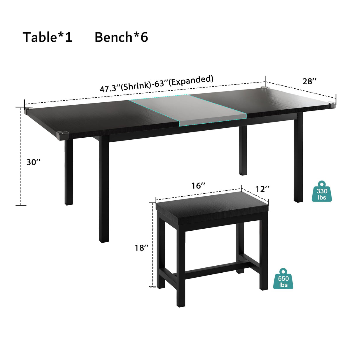 iPormis 7-Piece Dining Table Set with 6 Stools, 63" Extendable Kitchen Table Set for 4-8, Modern Dining Room Table with Sturdy Metal Frame, Space-Saving Dinette, Black iPormis