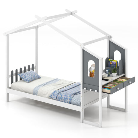 KOMFOTT Twin House Bed with Desk, Wood Montessori Bed Frame with House Roof Canopy, 2 Drawers, Modern Playhouse Bed with Fence for Kids, Teens, Girls & Boys, No Box Spring Needed, White & Gray KOMFOTT