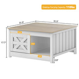 DWVO Farmhouse Coffee Table with Storage: Wooden Square Center Table with Sliding Barn Door, Small Living Room Table Light Oak DWVO