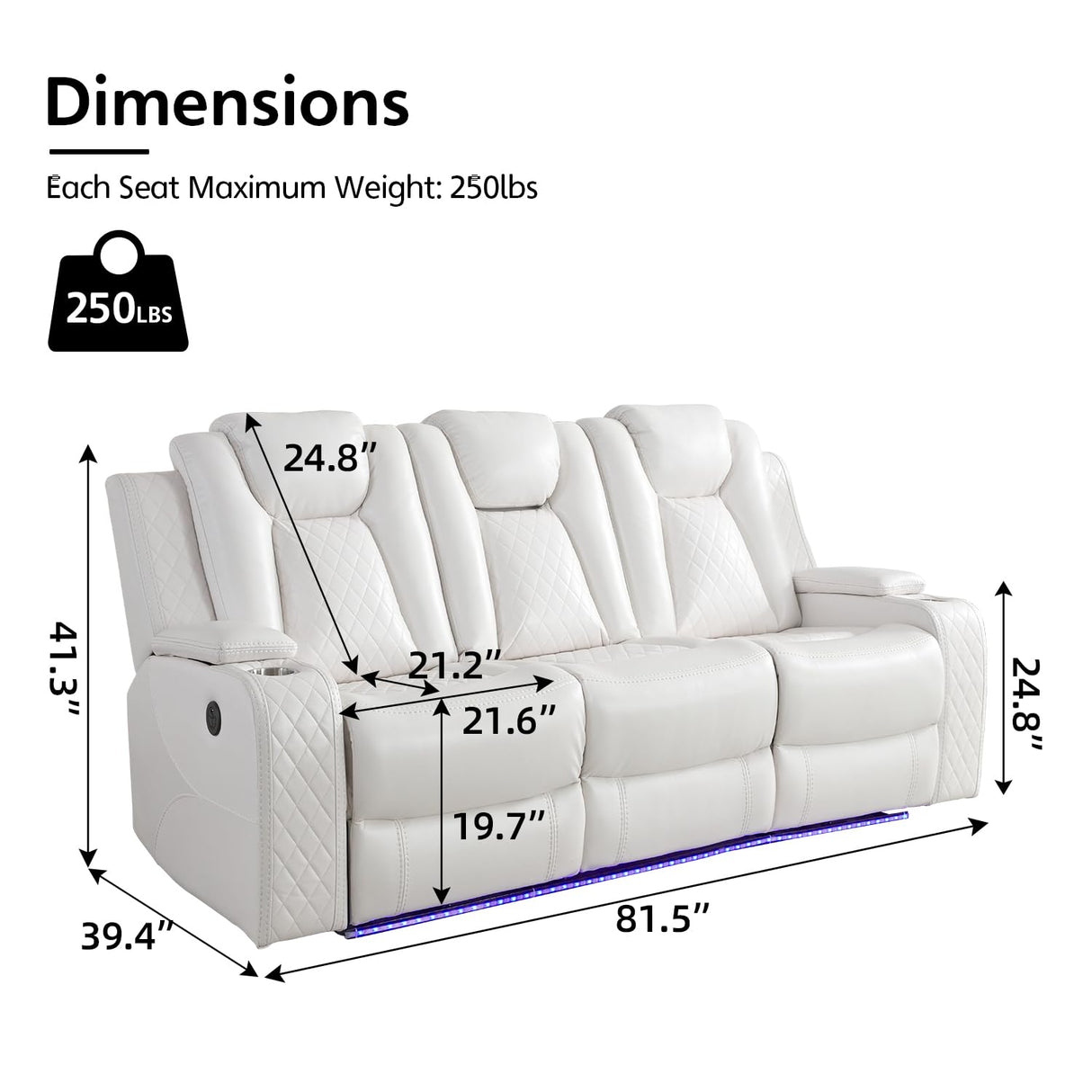 Power Reclining Sofa Couch with Wireless Charger, 3 Seaters with Recliner with Reading Light, Leather Electric 3 Seat Sofa Sectional Set for Living Room, Home Theater Seating with LED Lights, White Comfort Stretch