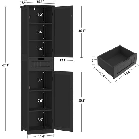 Iwell Tall Bathroom Cabinet, Storage Cabinet with 2 Doors, Narrow Floor Storage Cabinet with Adjustable Shelves for Bathroom, Living Room, Black Iwell