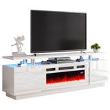 AMERLIFE Fireplace TV Stand with 36" White Fireplace, 70" Modern High Gloss Fireplace Entertainment Center LED Lights, 2 Tier TV Console Cabinet for TVs Up to 80", White & White AMERLIFE