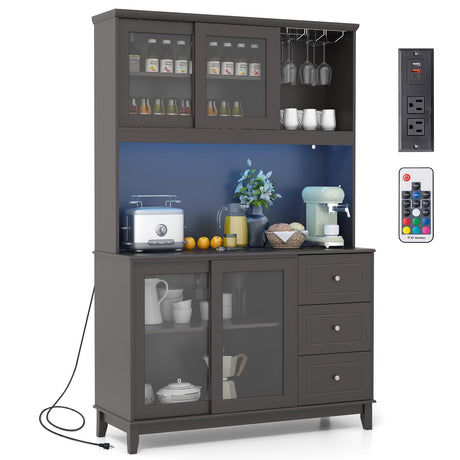 Giantex 73" Kitchen Pantry Storage Cabinet, Hutch Cabinet with LED Lights & Power Outlet, Kitchen Buffet Cabinet w/Wine Glass Racks, Countertop, Adjustable Shelves, Drawers for Dining Room (Espresso) Giantex