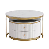 27.6'' Modern 2 Pieces Round Nesting Coffee Table with Drawers, Gold+White Merax