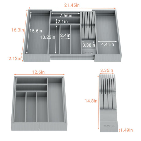 TIOPGHAD Bamboo-Silverware-Drawer-Organizer-Kitchen, Expandable Utensil Holder Cutlery Tray Flatware Organization Adjustable Wood Tableware Dividers Storage (with Removable Knife Block)(Grey) TIOPGHAD