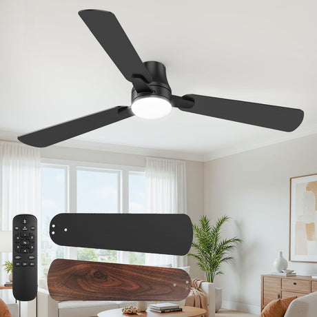 OSTIVE Ceiling Fans with Lights and Remote: 52 Inch Modern Black Ceiling Fan, Low Profile Flush Mount, Quiet Reversible DC Motor & 3CCT Dimmable LED for Bedroom Living Room Kitchen Indoor Outdoor OSTIVE