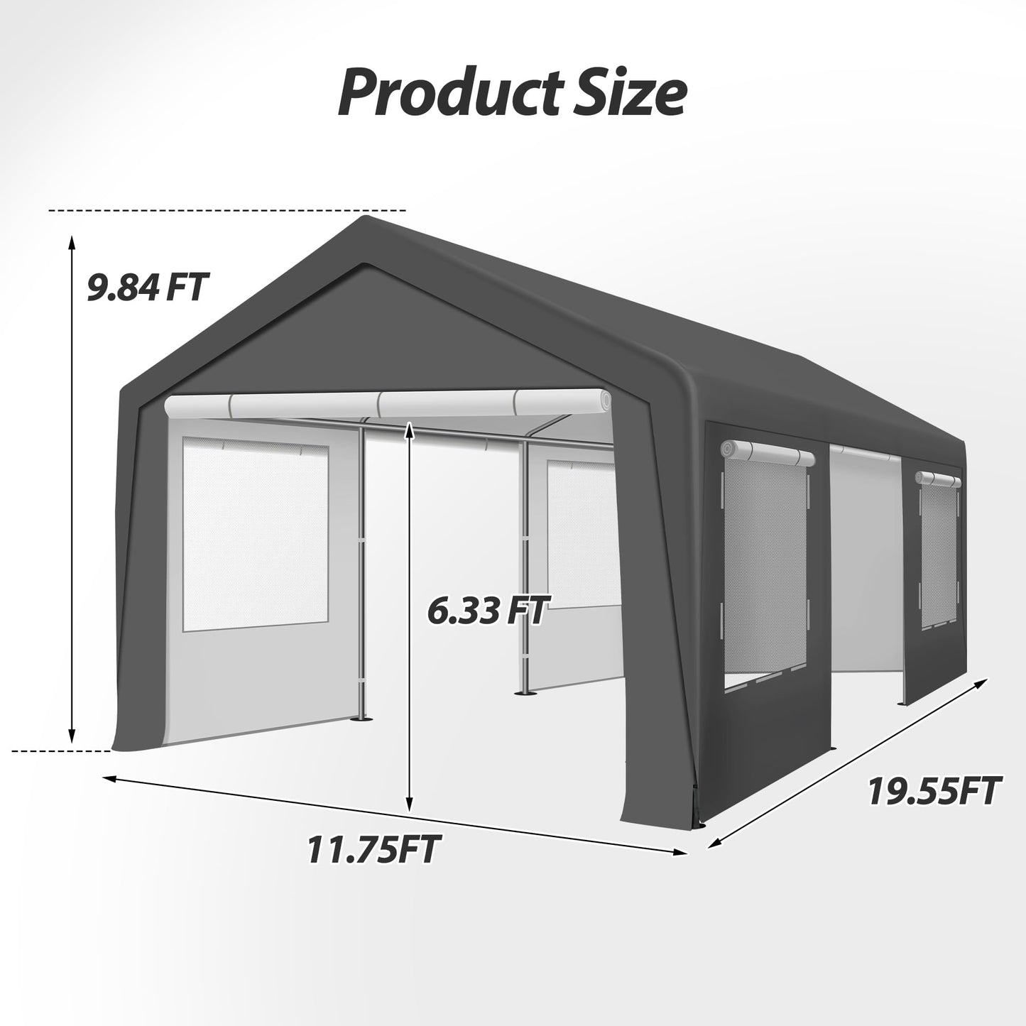 QZEN Carport 12'x20' Portable Garage, Heavy Duty Carport Canopy with Roll-up Ventilated Windows & Side Doors, Car Port for SUV, F150, Car, Truck, Boat（12' x 20'）