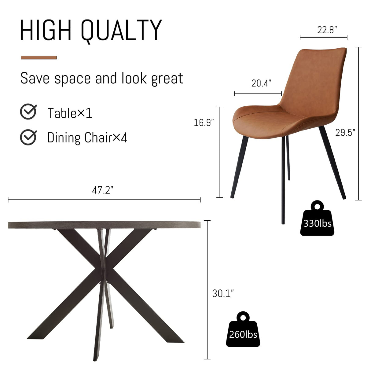 Zerifevni 47" Round Dining Table Set, Mid Century Modern Round Dining Table for 4-6 Person, Steel Legs, Leisure Coffee Table for Kitchen Dining Room, Save Space Zerifevni