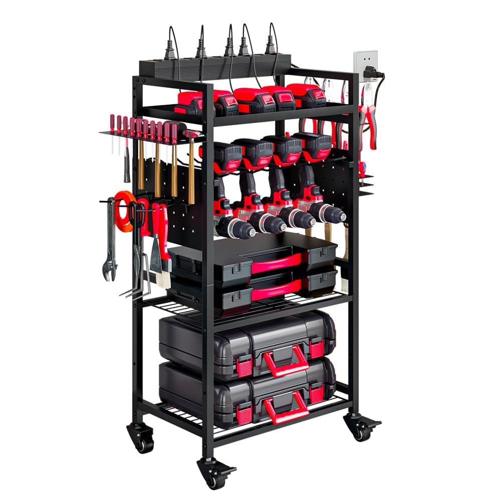 INGIORDAR Large Power Tool Organizer Cart with Charging Station, Garage Floor Standing Rolling Drill and Tools Battery Storage Cart on Wheels, Heavy Duty Utility Rack Shelf for Men, Husband, Father. INGIORDAR