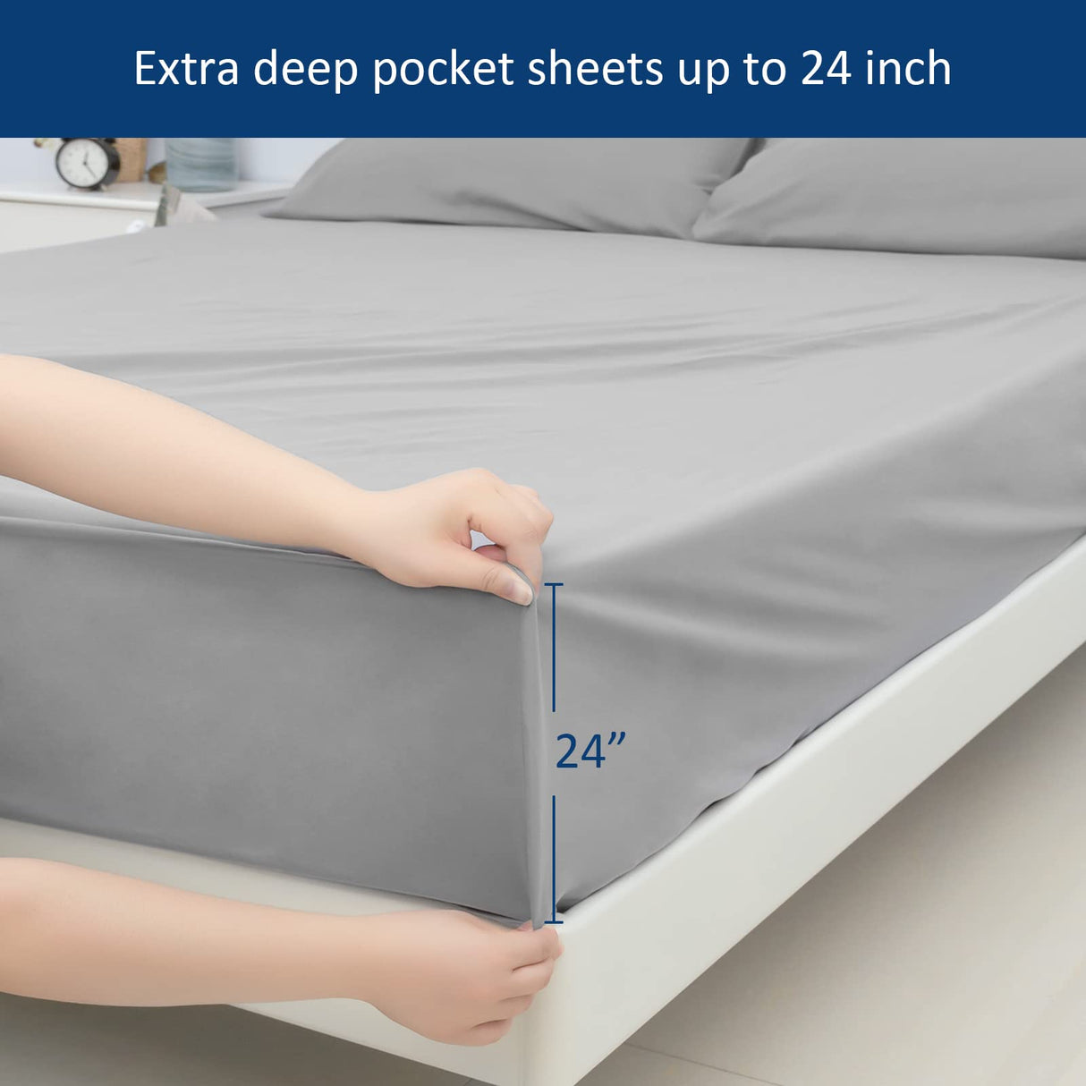 Extra Deep Pocket Queen Sheet Sets for Air Mattress - Deep Pocket Sheets Queen Size Sets - Sheets with Pocket on Side - Easily Fits Extra Deep 16 in to 24 in Pillow Top Air Mattress (Grey) Moonsea
