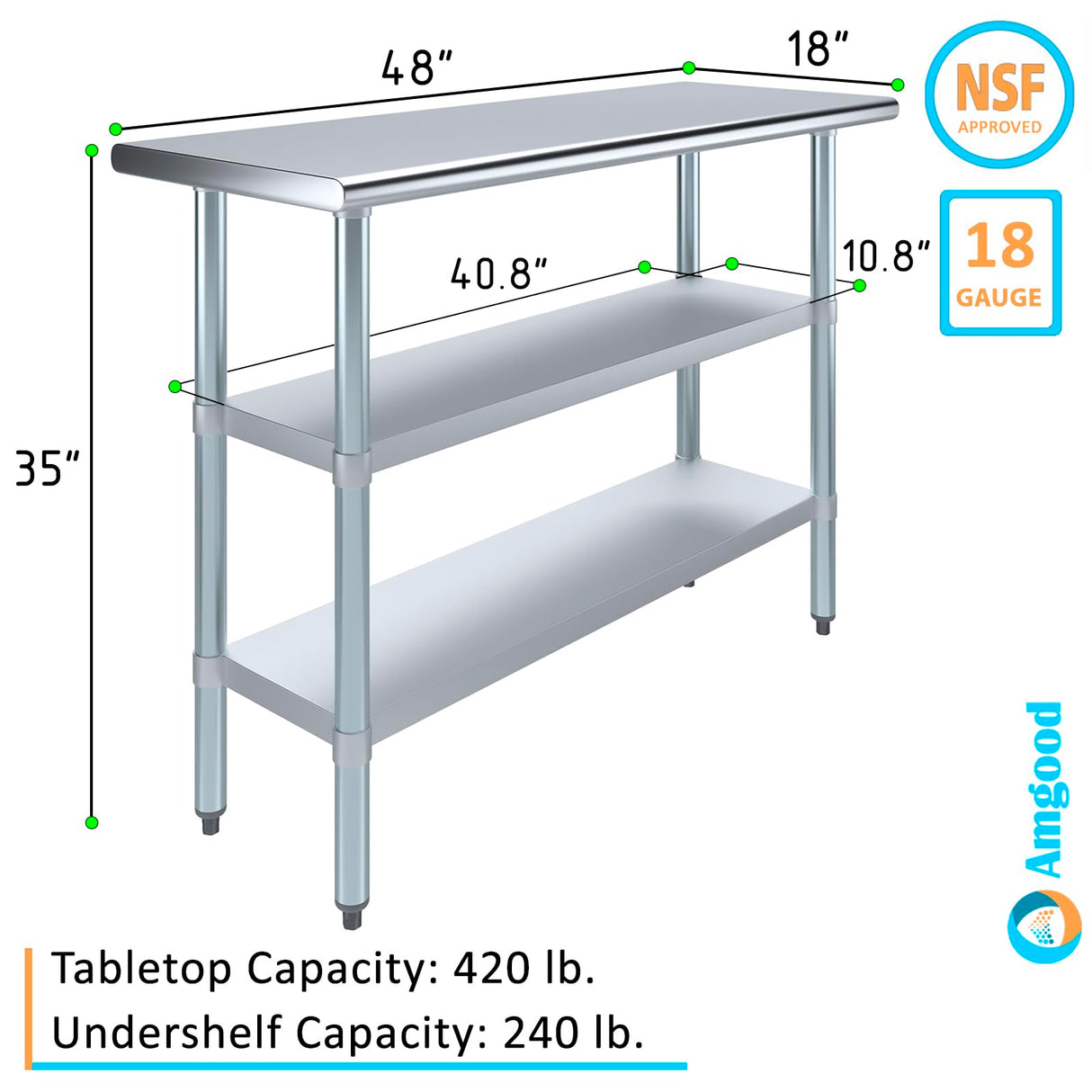 48" Long X 18" Deep Stainless Steel Work Table with 2 Shelves | Metal Food Prep Station | Commercial & Residential NSF Utility Table AmGood