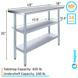 48" Long X 18" Deep Stainless Steel Work Table with 2 Shelves | Metal Food Prep Station | Commercial & Residential NSF Utility Table AmGood