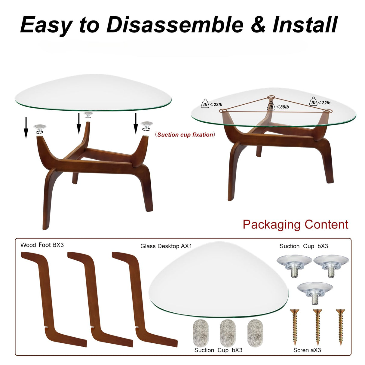 Glass Coffee Tables for Living Room, Triangle Coffee Table with Non-Tip Rubber Wood Base, Morden Tea Table with Tempered Glass Top | Perfect for Homes with Kids/Pets, Office, Apartment (Brown) DUO GE MAO