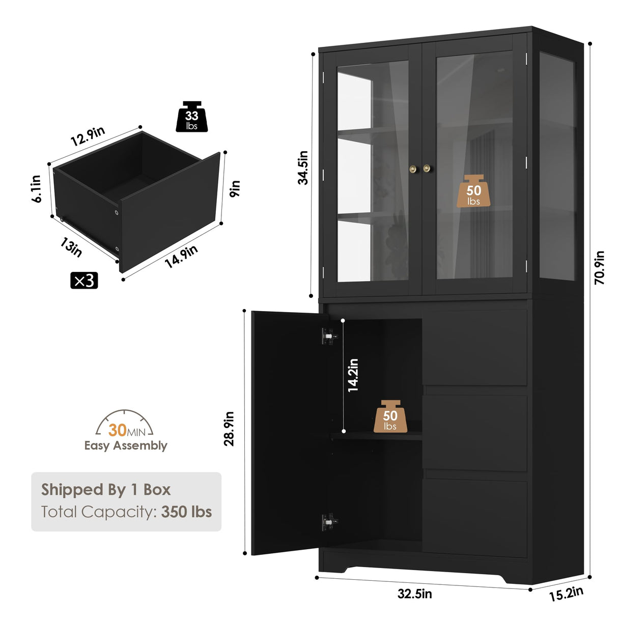 HIFIT 71" Tall Display Bookcase with HD Glass Doors, 3 Drawers Bookshelf with Storage for Home Office, Modern China Curio Cabinet Glass Display Case for Collectibles, Clinic, Dining Living Room, Black HIFIT