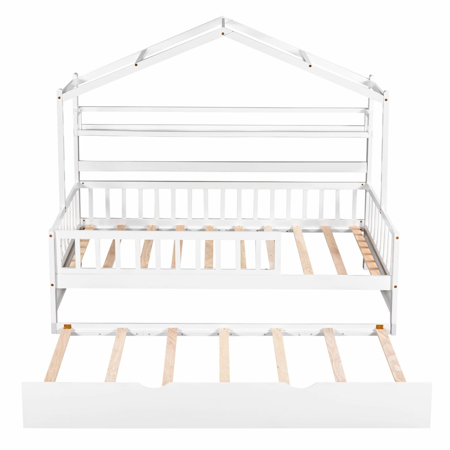 Bellemave Twin Size House Bed with Trundle and Storage Shelves for Kids - White Montessori Playhouse Frame - WoodArtSupply