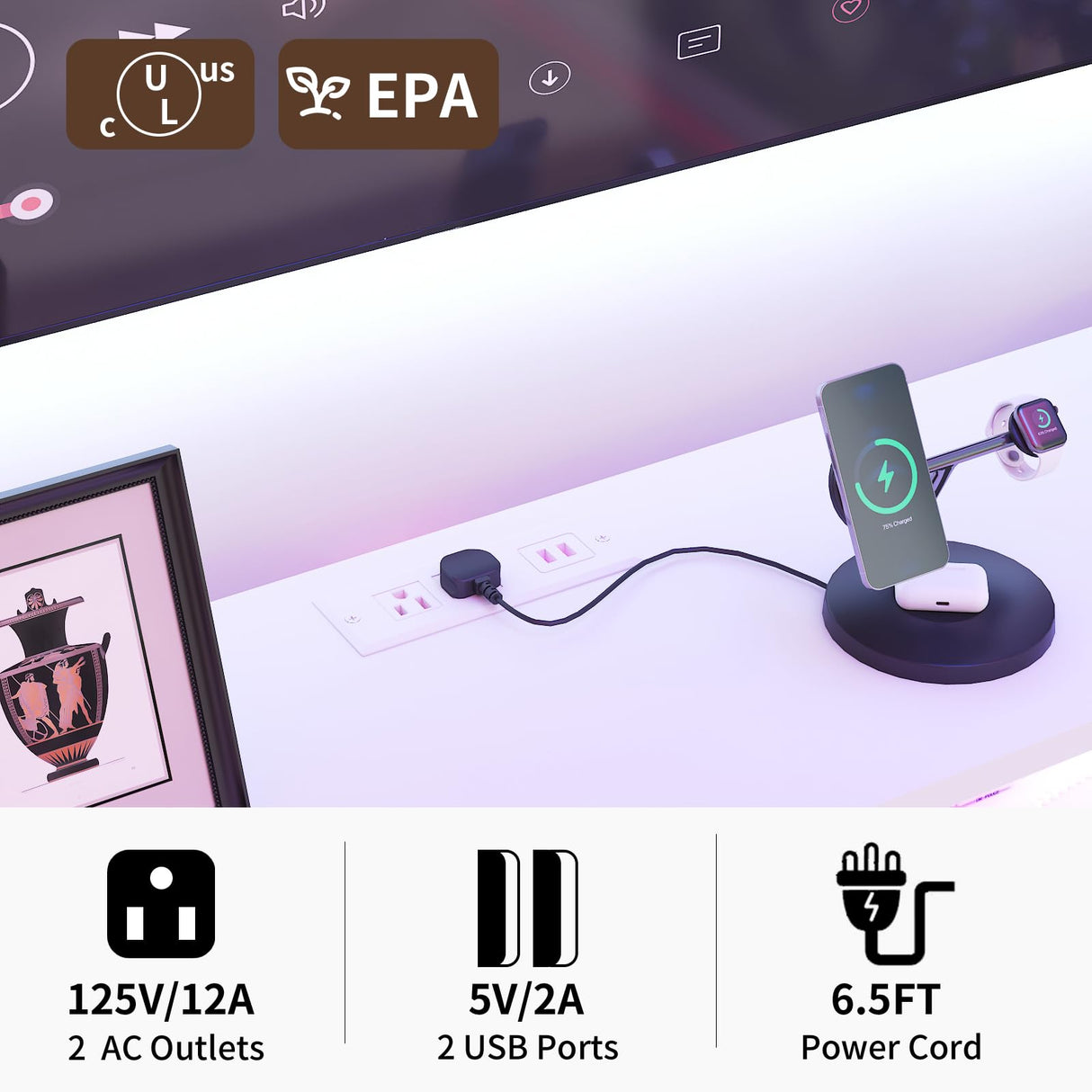 Dresser for bedroom, Fabric White Bedroom Dresser with LED Lights and Charging Station, 6 Long Drawers Dresser, Tall Wide Chest of Drawers Storage Organizer TV Stand for up to 60" TV for Living Room SOOWERY