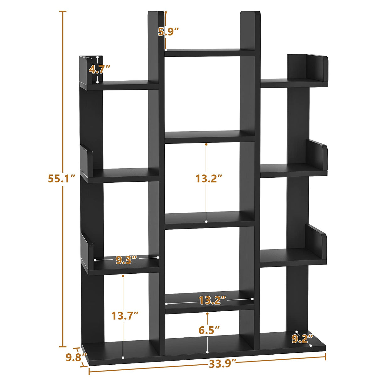 Aheaplus Bookshelf, Tree-Shaped Bookcase Storage Shelf with 13 compartments, Books Organizer Display Cube Shelves, Industrial Free Floor Standing Wood Open Bookshelves, Black Aheaplus