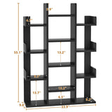 Aheaplus Bookshelf, Tree-Shaped Bookcase Storage Shelf with 13 compartments, Books Organizer Display Cube Shelves, Industrial Free Floor Standing Wood Open Bookshelves, Black Aheaplus