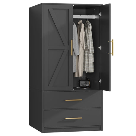 HOOBRO Armoire Wardrobe Closet, Wardrobe Closet with Doors and 2 Drawers, Bedroom Armoire with Hanging Rod, Tall Armoire for Bedroom, Wooden Clothing Storage Cabinet, Black HOOBRO