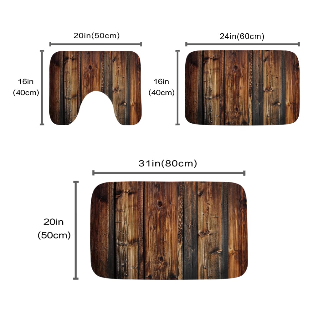 Final Friday Rustic Farmhouse Wooden Board Print Bathroom Rugs and Mats Sets 3 Piece, Wood Western Country Bath Mat 20 x 31 in, Coral Velvet Memory Foam U-Shaped Contour Shower Mat Non Slip Absorbent Final Friday