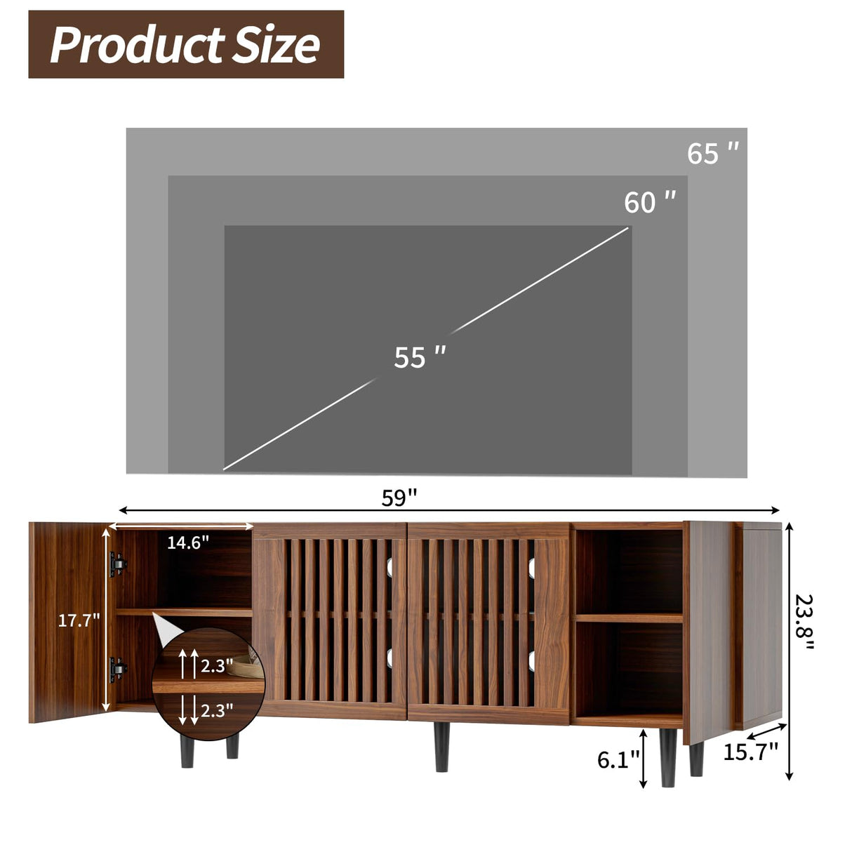 ROMMAK Boho TV Stand for 55-65 Inch TV, 4 Doors, Entertainment Center with Adjustable Shelf, TV Console with 4 Cabinets, Media Console, Solid Wood Feet, Cord Holes for Living Room, Bedroom, Walnut ROMMAK