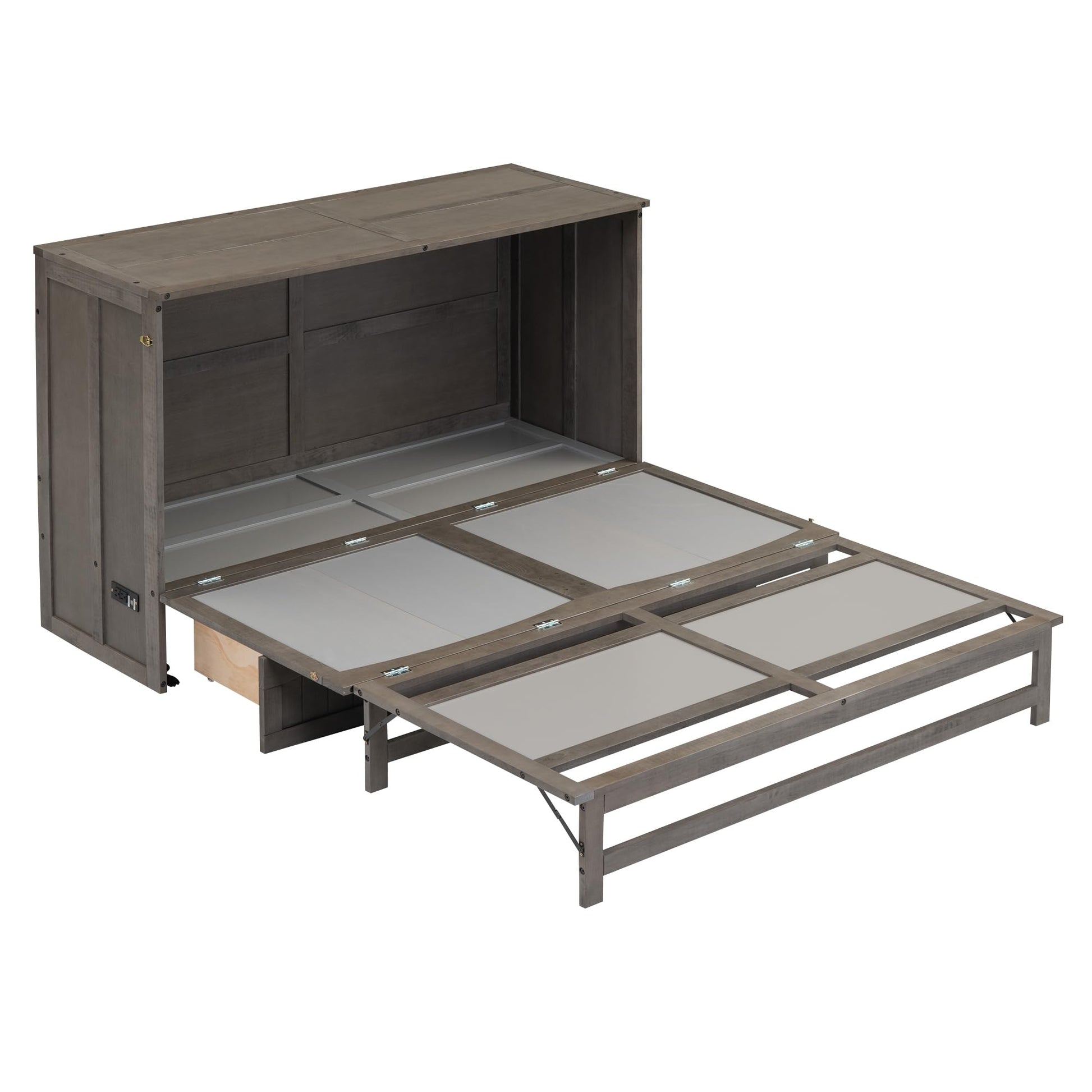 Queen Size Murphy Bed with Charging Station and Storage Drawer in Antique Gray - WoodArtSupply