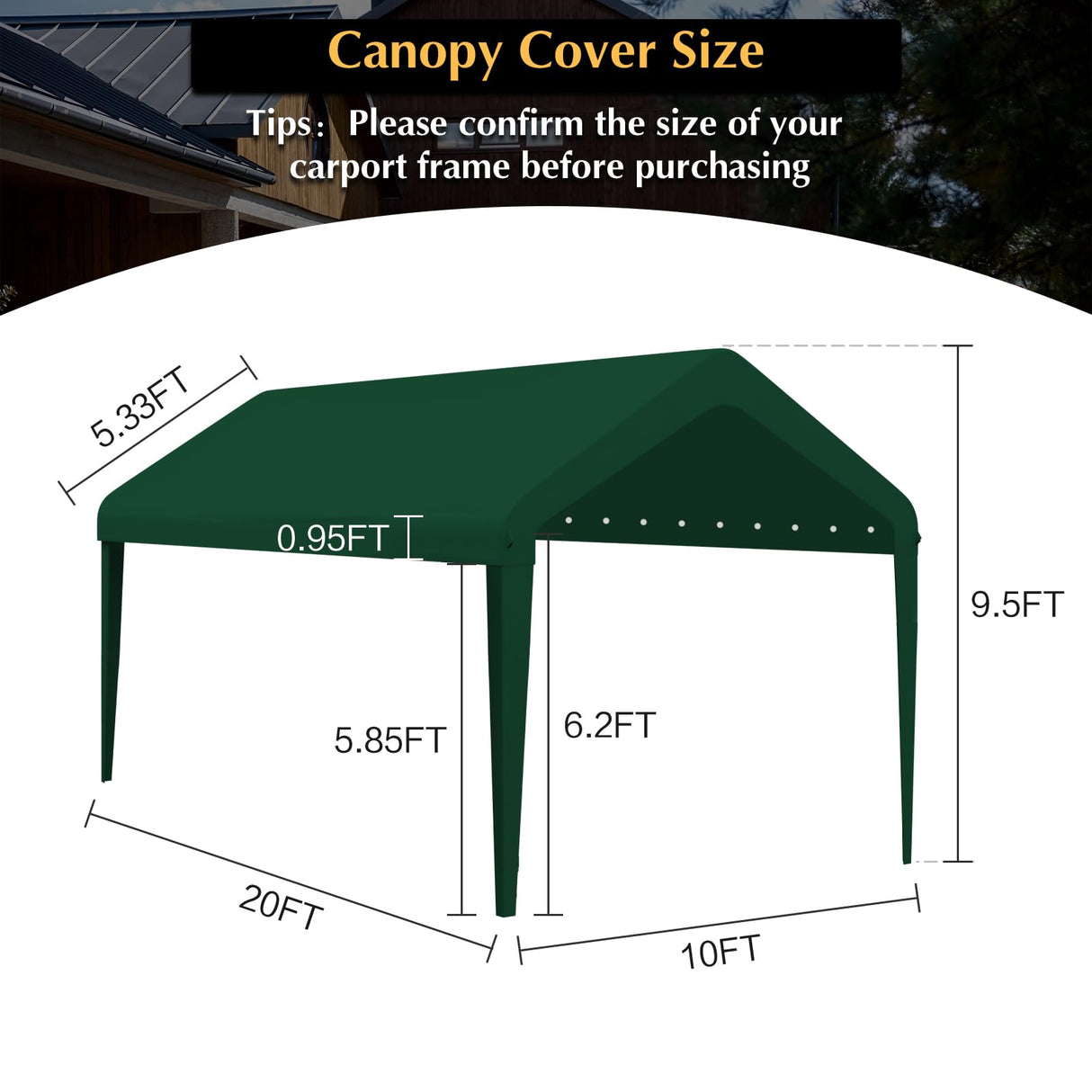GOTRUTH 10x20 Canopy Replacement Cover, Carport Replacement Canopy Top Cover for 10' x 20' Frame, 800D Heavy Duty Waterproof & UV Protected Car Canopy with Ball Bungees (Frame is not Included) (Green) GOTRUTH