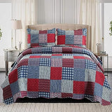 Hailea Red Blue Plaid Quilt Set Twin Size Country Patchwork Bedding Lightweight Reversible Bedspread Coverlet with Sham Soft All Season Bed Cover Set, 1 Quilt 2 Pillow Shams Hailea