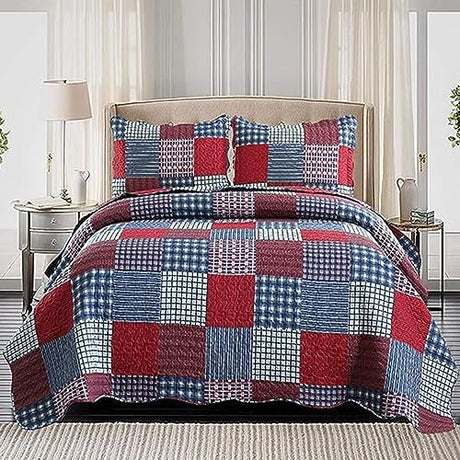 Hailea Red Blue Plaid Quilt Set Twin Size Country Patchwork Bedding Lightweight Reversible Bedspread Coverlet with Sham Soft All Season Bed Cover Set, 1 Quilt 2 Pillow Shams Hailea