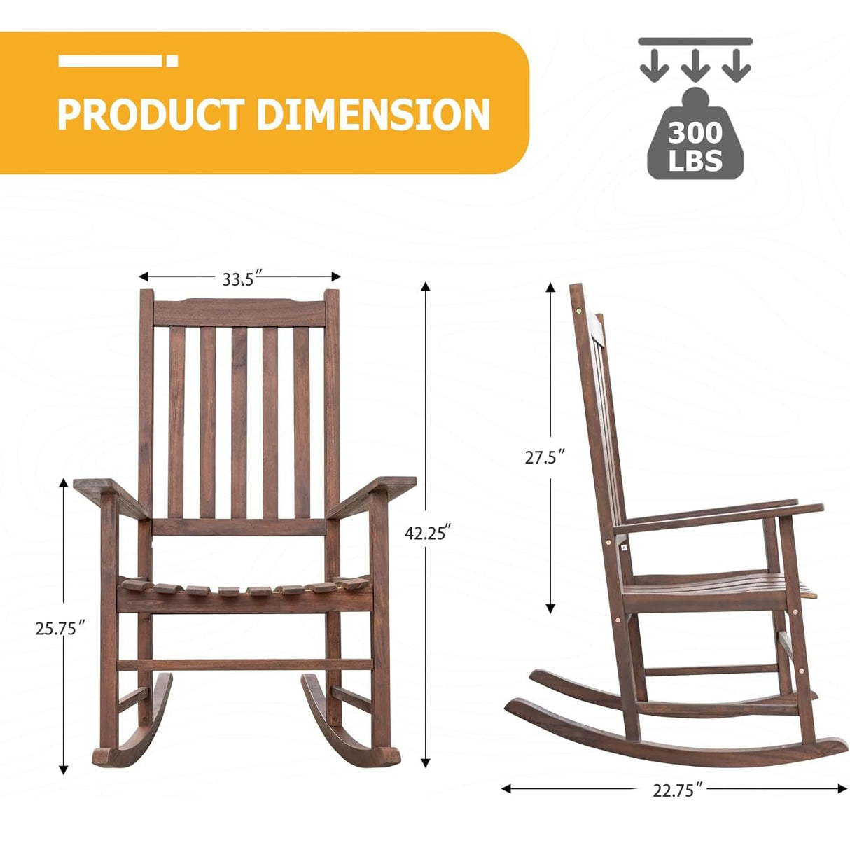 anwickjeff Outdoor Rocking Chair, High Back Slat Reclining, Wooden Rocker Chairs, Indoor Lounge Chair for Backyard/Lawn/Patio/Garden/Porch/Balcony (Brown) anwickjeff