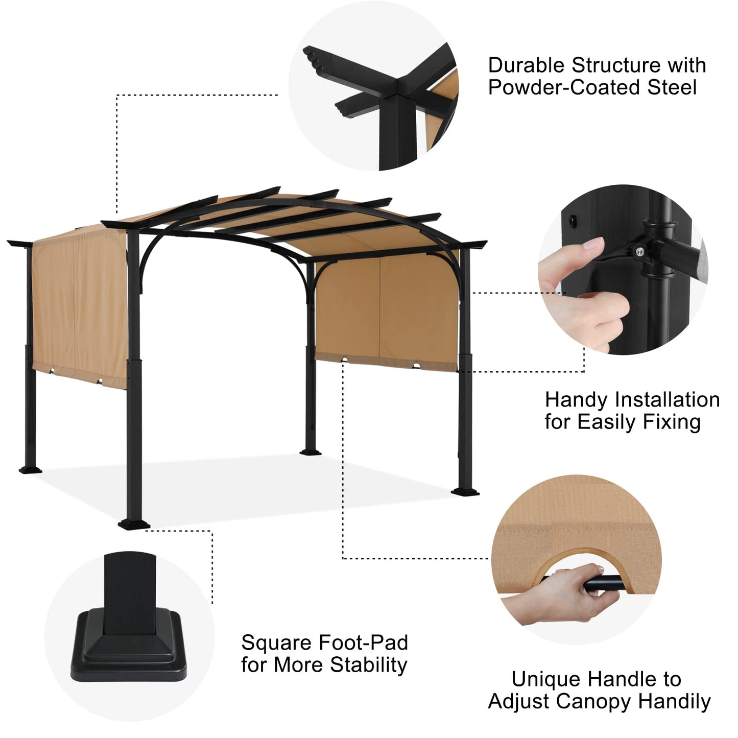 ABCCANOPY Outdoor Pergola 10'x12', Arched Patio Pergola with Retractable Sun Shade, Beige