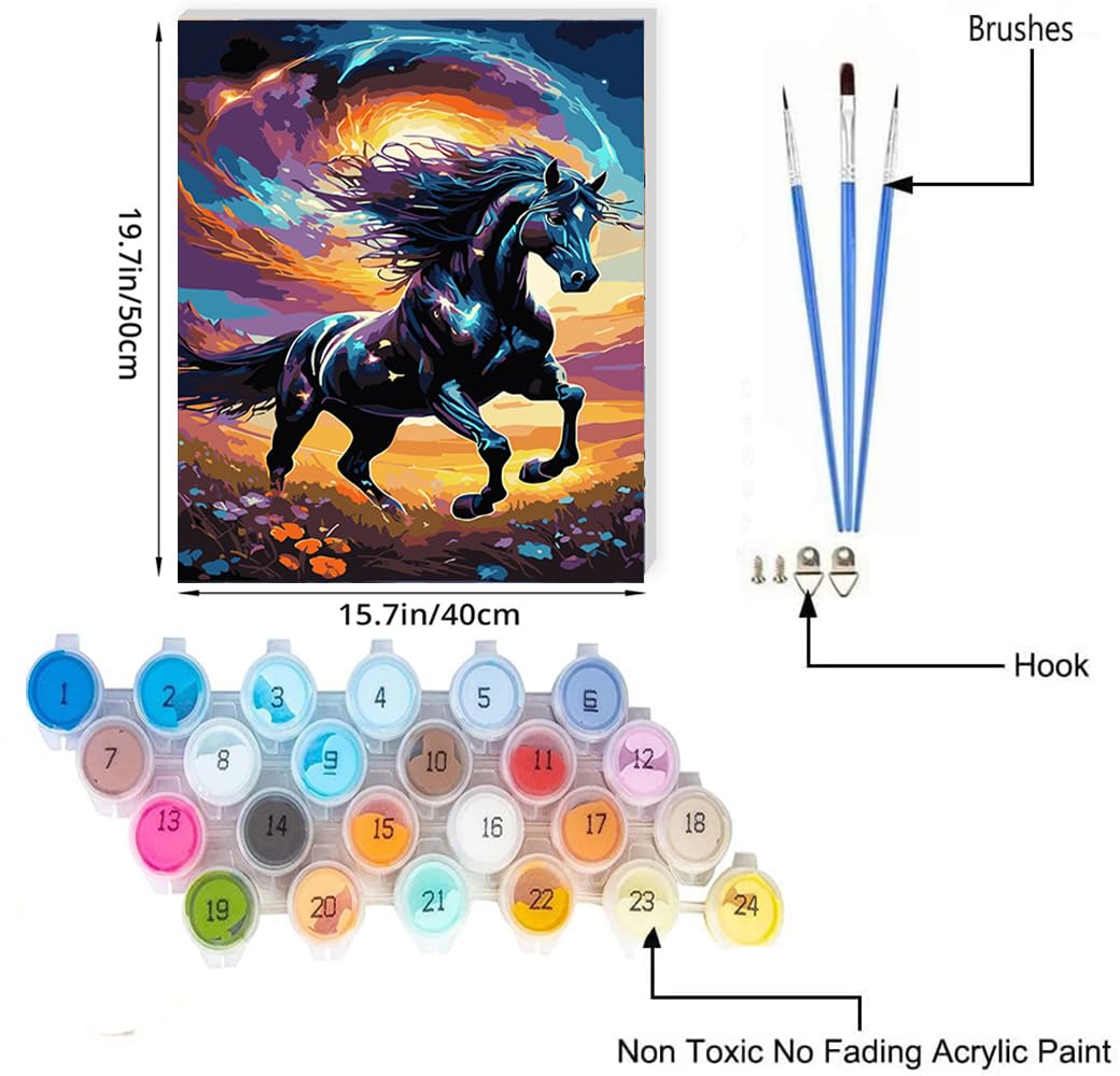 JUJUHOOD Black Horse Paint by Numbers Kit for Adults Beginner, Horse Paint by Number Kits for Adults on Canvas Animal with Paintbrushes and Acrylic Pigment 16x20 inch JUJUHOOD