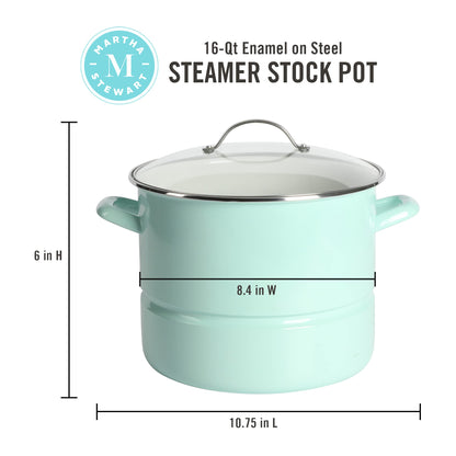 Martha Stewart Thayer 16-Quart Enamel On Steel Scratch Resistant Steamer Stock Pot w/Stainless Steel Insert - Martha Blue