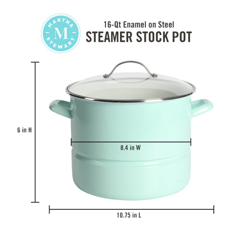 Martha Stewart Thayer 16-Quart Enamel On Steel Scratch Resistant Steamer Stock Pot w/Stainless Steel Insert - Martha Blue Martha Stewart