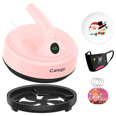 Calogy Mini Heat Press, 5" Diameter Circle Heat Press Machine for T-Shirt Portable, 4 Levels Temp Max 410℉, Small Iron for Crafts, Coaster, Bag, Pillow, Ceramic, Sublimation Ink Heat Transfer (Pink) Calogy