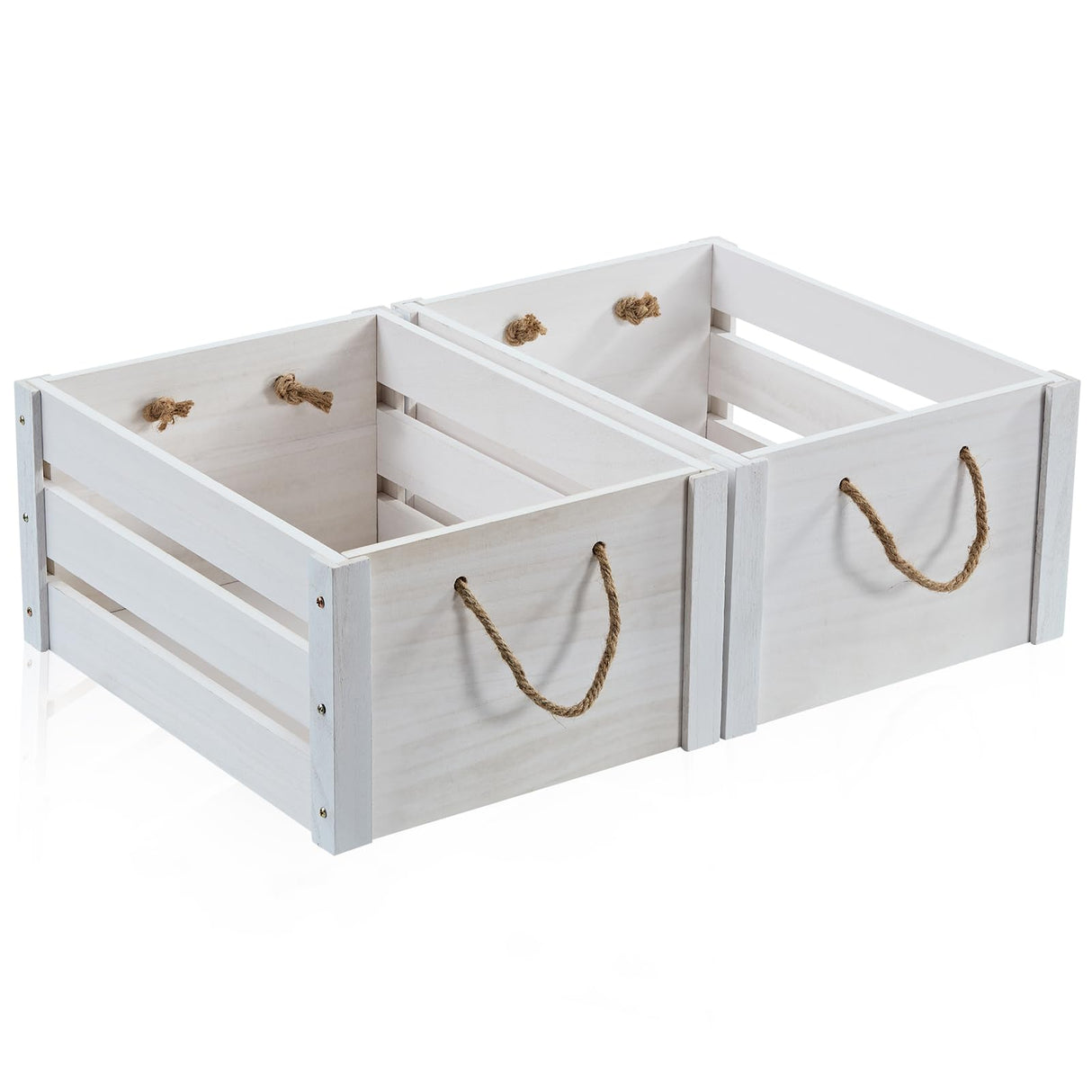 ROSOS Wooden Crates, Farmhouse Wooden Crates for Storage with Rope Handles, Solid Wood Crates for Display, Durable Wooden Crate Box, Handmade Large Wooden Crates for Decor, White Crate, 2 Pack ROSOS
