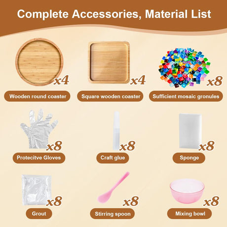 Adboros 8 Sets DIY Glass Mosaic Tiles for Crafts Mixed Color Mosaic Kits with Wooden Coaster for Adults Bamboo Coaster for Drinks Tray Handmade Home Decoration Adboros