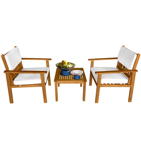 PayLessHere 3 Pieces Acacia Wood Patio Bistro Set with Water Resistant Cushions and Coffee Table for Backyard Garden Patio Furniture Outdoor Table Chair Set Outdoor Wood Chat Chairs Set PayLessHere