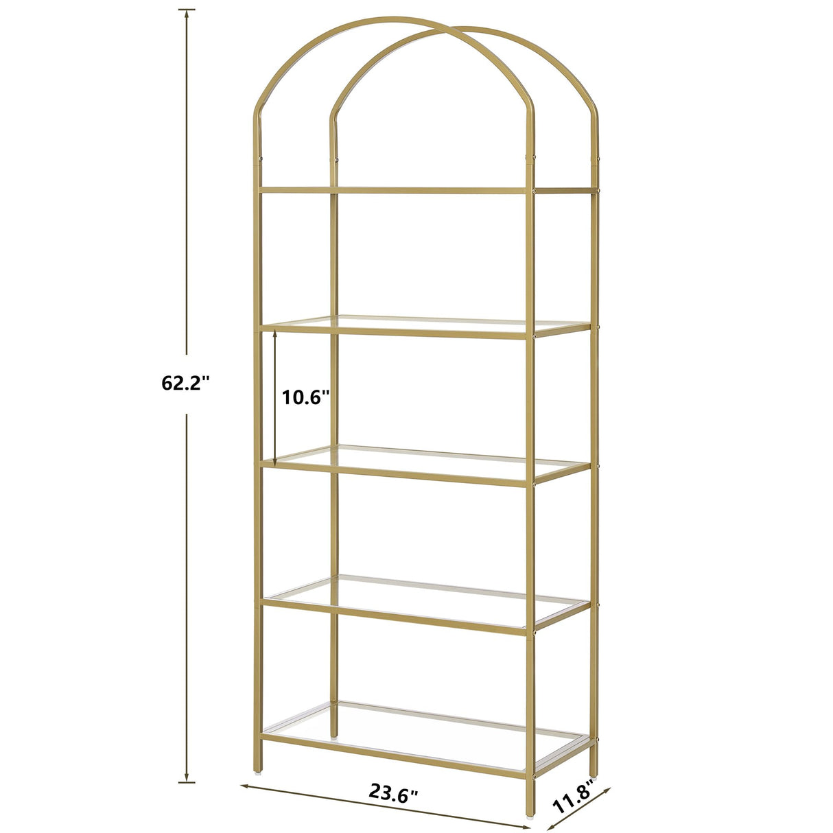 Homhedy Bookshelf Arched Display Racks,Metal Bookcase,Tempered Glass Shelves,Storage Rack Shelf for Home Office,Living Room,Bedroom, Bathroom,Modern Style (Golden, 11.8" D x 23.6" W x 62.2" H) Homhedy