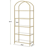 Homhedy Bookshelf Arched Display Racks,Metal Bookcase,Tempered Glass Shelves,Storage Rack Shelf for Home Office,Living Room,Bedroom, Bathroom,Modern Style (Golden, 11.8" D x 23.6" W x 62.2" H) Homhedy