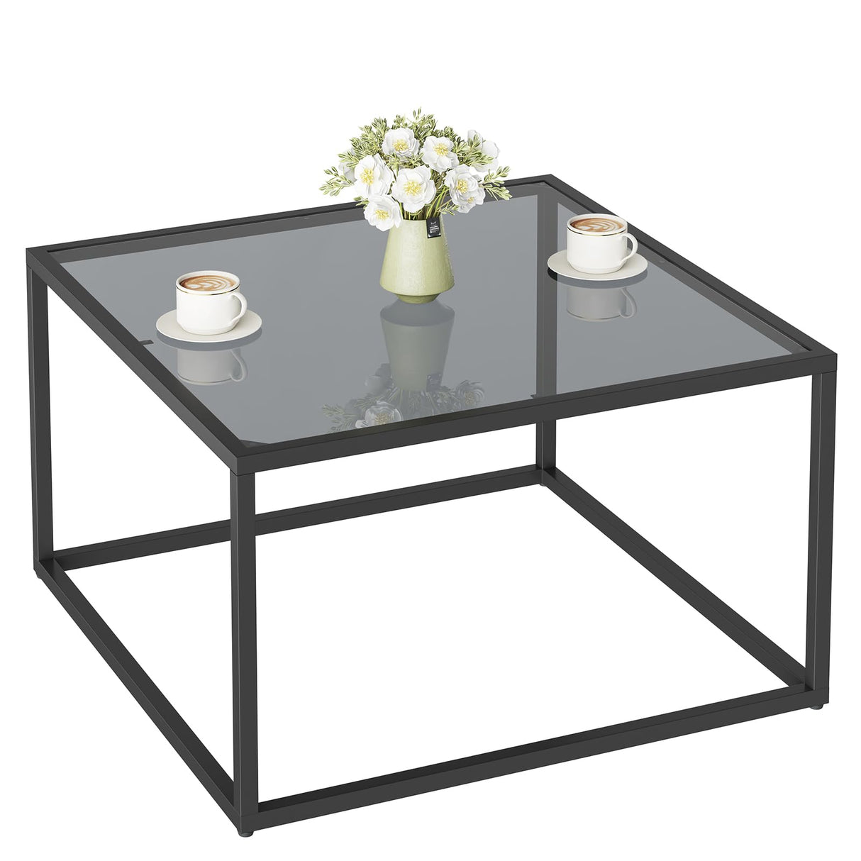 YMYNY Glass Coffee Table, Tempered Glass Square Coffee Tables with Metal Frame, Unique Modern Table for Living Room Home Office 26.77" x 26.77" x 15.75", Black Grey, UHCT001H YMYNY