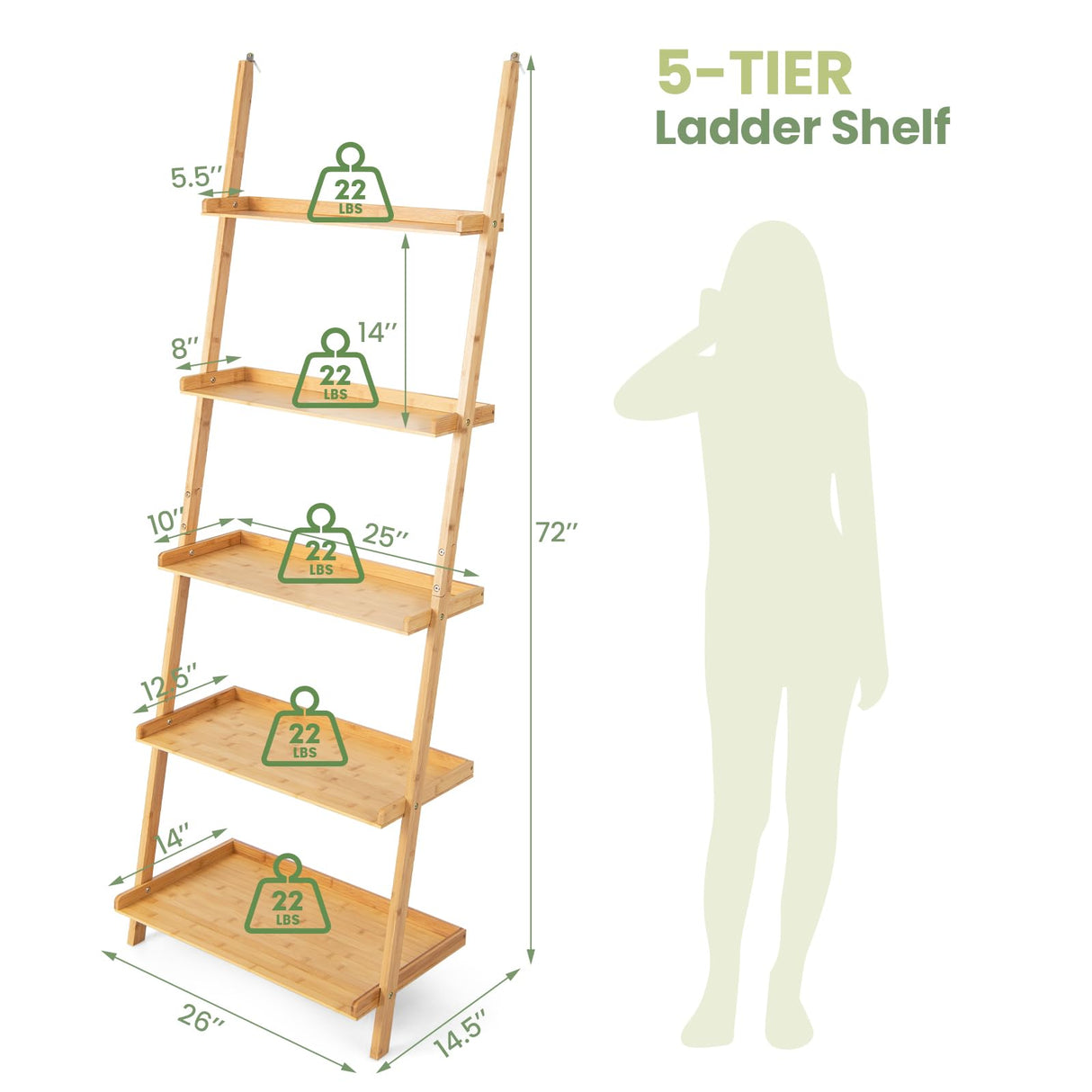 Tangkula 5-Tier Ladder Shelf Bookcase, Bamboo 72”H Wall-Leaning Bookshelf with Baffles and Anti-Tipping Kits, Plant Stand for Living Room Bathroom Home Office Decor, Ladder Bookshelf, Natural Tangkula