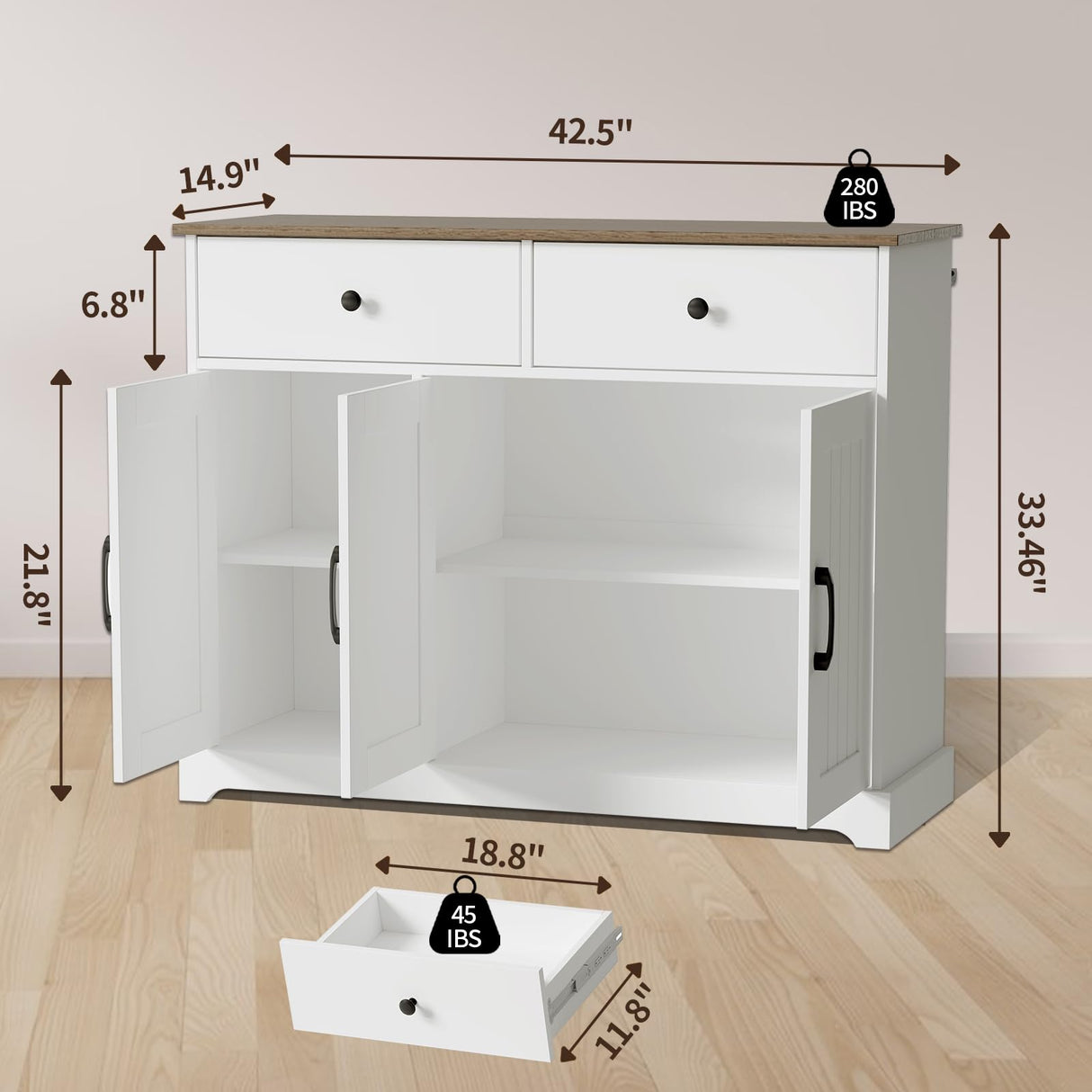 GAOMON 42" Large Buffet Sideboard Storage Cabinet, Farmhouse Sideboard Storage Cabinet with Adjustable Shelf, Drawers and Barn Doors, Wood Coffee Bar Kitchen Table for Entryway Dining Living Room GAOMON