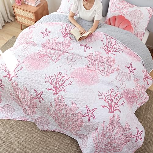 weigelia Coastal Quilts Bedding Set Twin Size - Pink Summer Nautical Bedding Quilt with Pillow Cases, Beach Reversible Quilt Set Bedspreads Coverlet Soft Lightweight Comforter weigelia