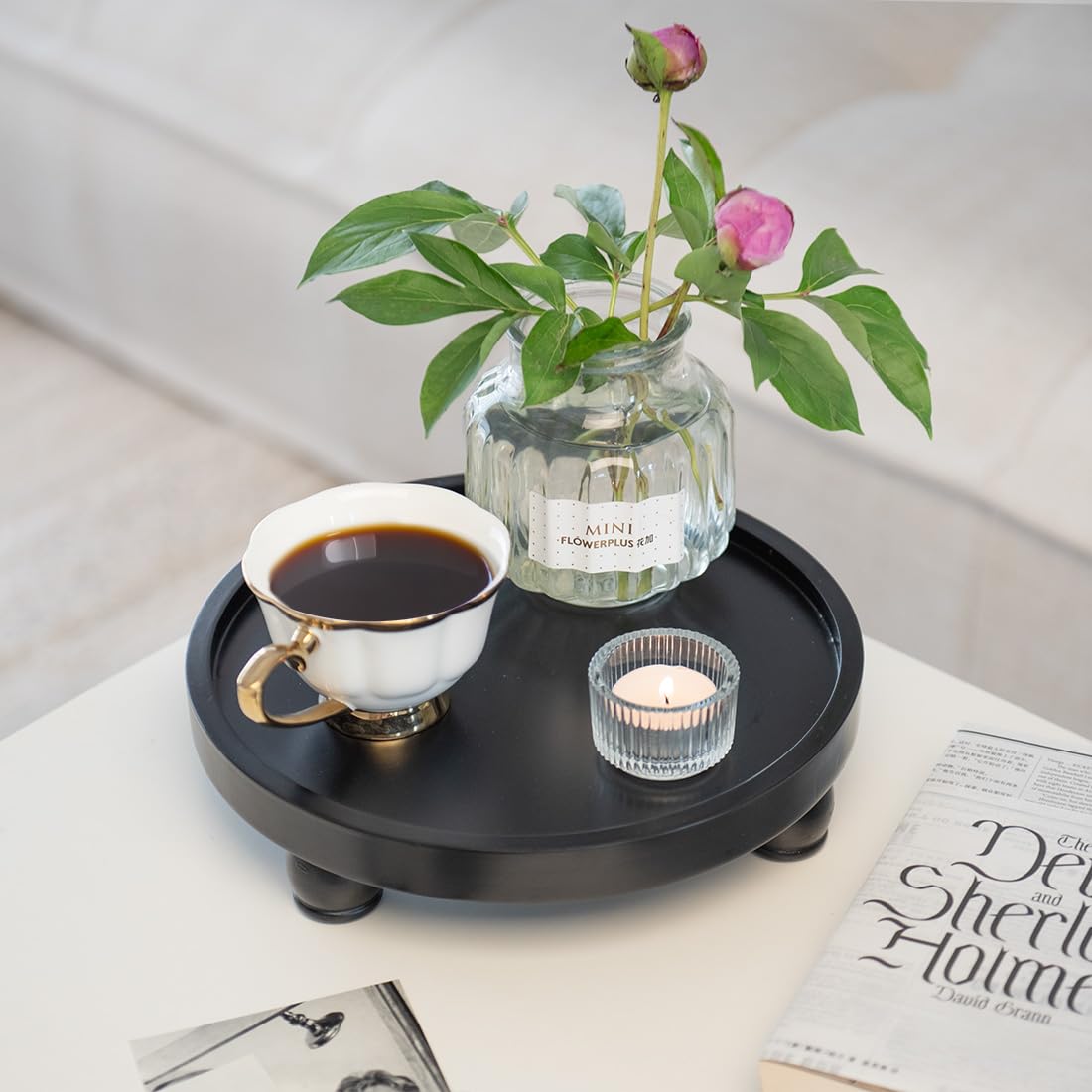 ROSE BLOOM Modern Wood Riser for Display, Farmhouse Pedestal Stand for Bathroom Counter, Kitchen Round Display Tray, Waterproof Organizer for Soap Home Decor (Black) ROSE BLOOM