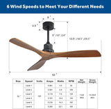 Sofucor Walnut Ceiling Fan, Solid Wood 3 Blade Ceiling Fans, Wood Ceiling Fan No Light, 52'' Ceiling Fan Without Light for Living Room & Covered Outdoor, Brown Sofucor