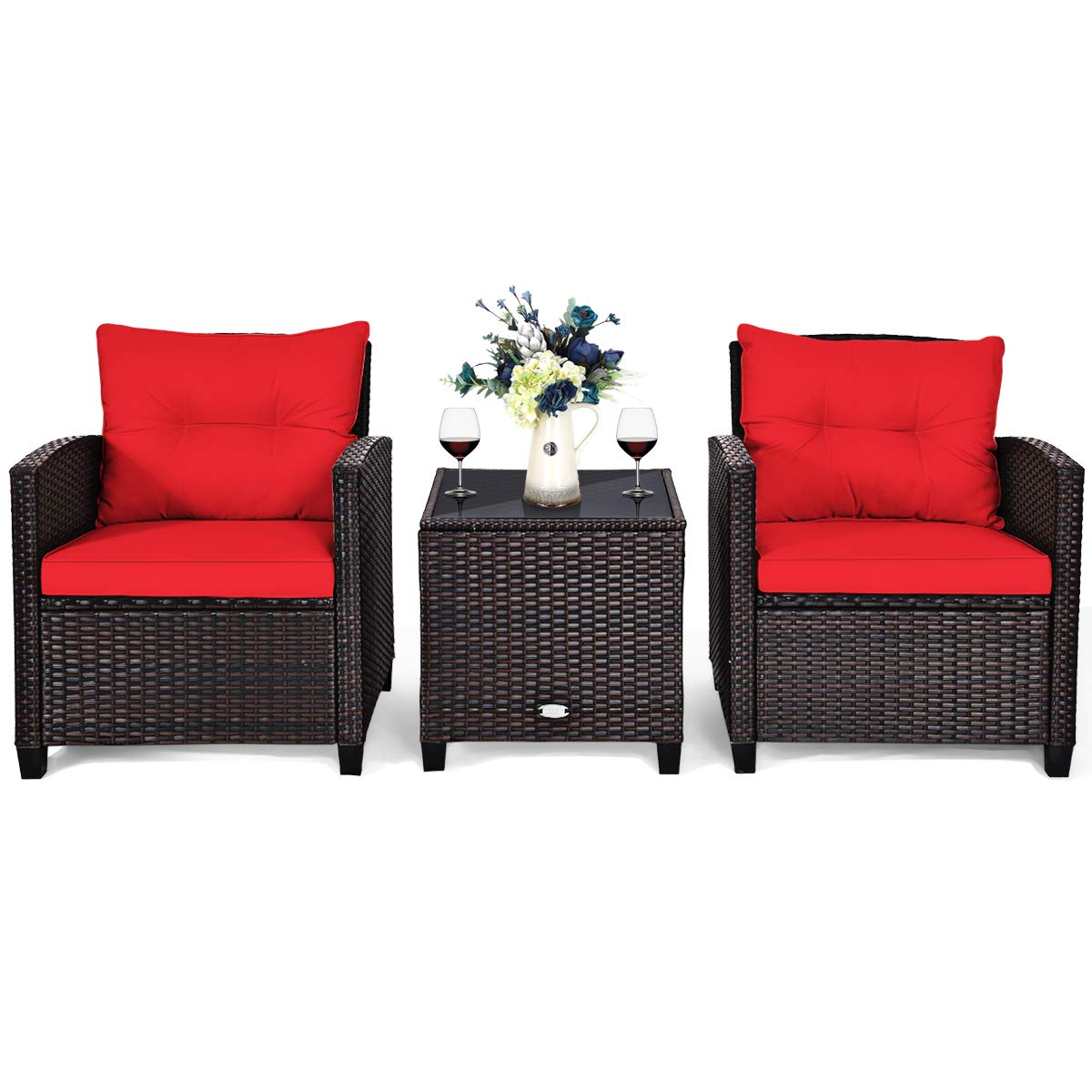 Tangkula 3 Pieces Patio Furniture Set, PE Rattan Wicker 3 Pcs Outdoor Sofa Set w/Washable Cushion and Tempered Glass Tabletop, Conversation Furniture for Garden Poolside Balcony (Red) Tangkula