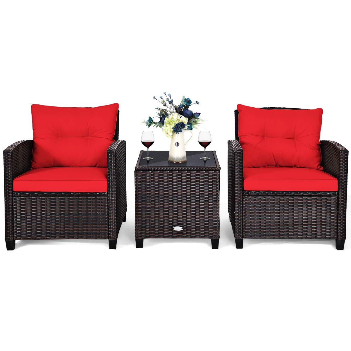 Tangkula 3 Pieces Patio Furniture Set, PE Rattan Wicker 3 Pcs Outdoor Sofa Set w/Washable Cushion and Tempered Glass Tabletop, Conversation Furniture for Garden Poolside Balcony (Red) - WoodArtSupply