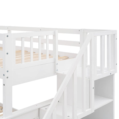 MERITLINE Twin Over Full Bunk Bed with Trundle, Wooden Bunk Bed with Stairway, Storage and Guard Rail for Kids, Adults (White)