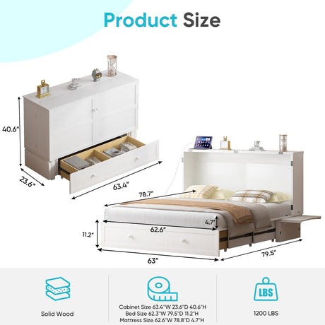 CECER Queen Size Solid Wood Murphy Bed with Memory Foam Mattress，Murphy Bed with Charging Station and Two Large Storage Drawers for Small Spaces/Bedroom/Guest Room（White） CECER